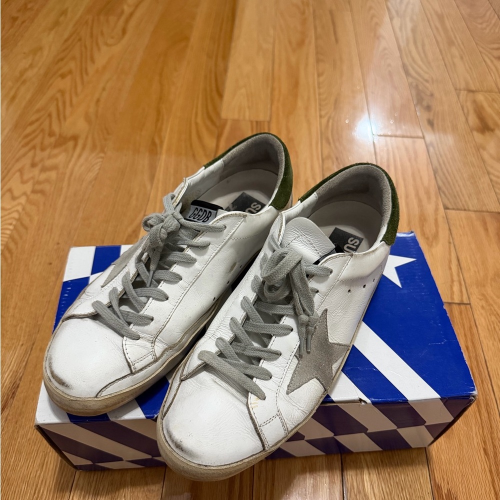 Golden Goose White and Gray Sneakers with Green Accents